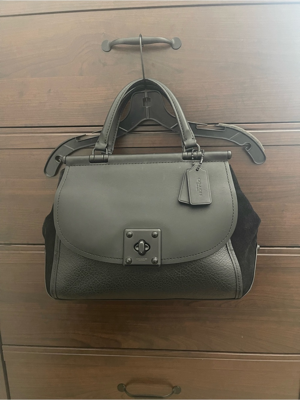 COACH Black Leather Satchel with Suede Accents and Turnlock